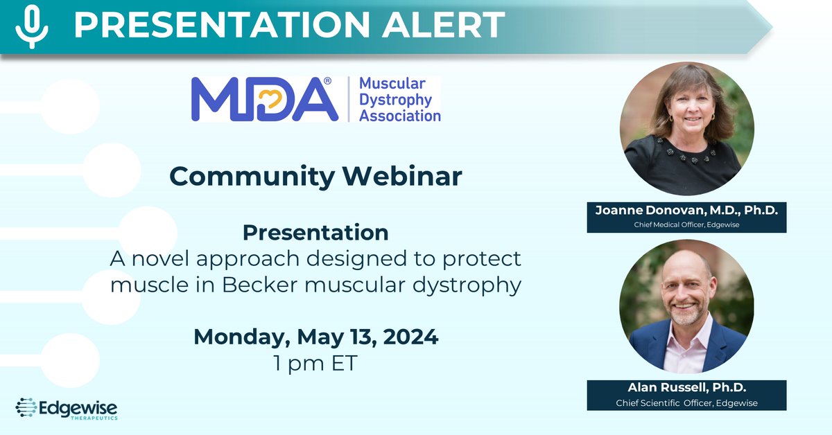 Join us on Monday, May 13 for a Community Webinar hosted by @MDAorg where we will provide a the latest updates on our Becker muscular dystrophy program. Register here: zoom.us/webinar/regist…