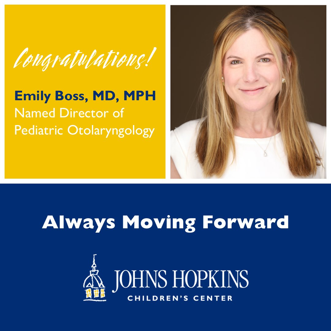 We are pleased to announce that established health system leader @emilybossmd has been appointed director of pediatric otolaryngology! Please join us in congratulating Dr. Boss on her new role at Johns Hopkins 👏 Read more: tinyurl.com/37zwt4k8 #ChildrensHealth