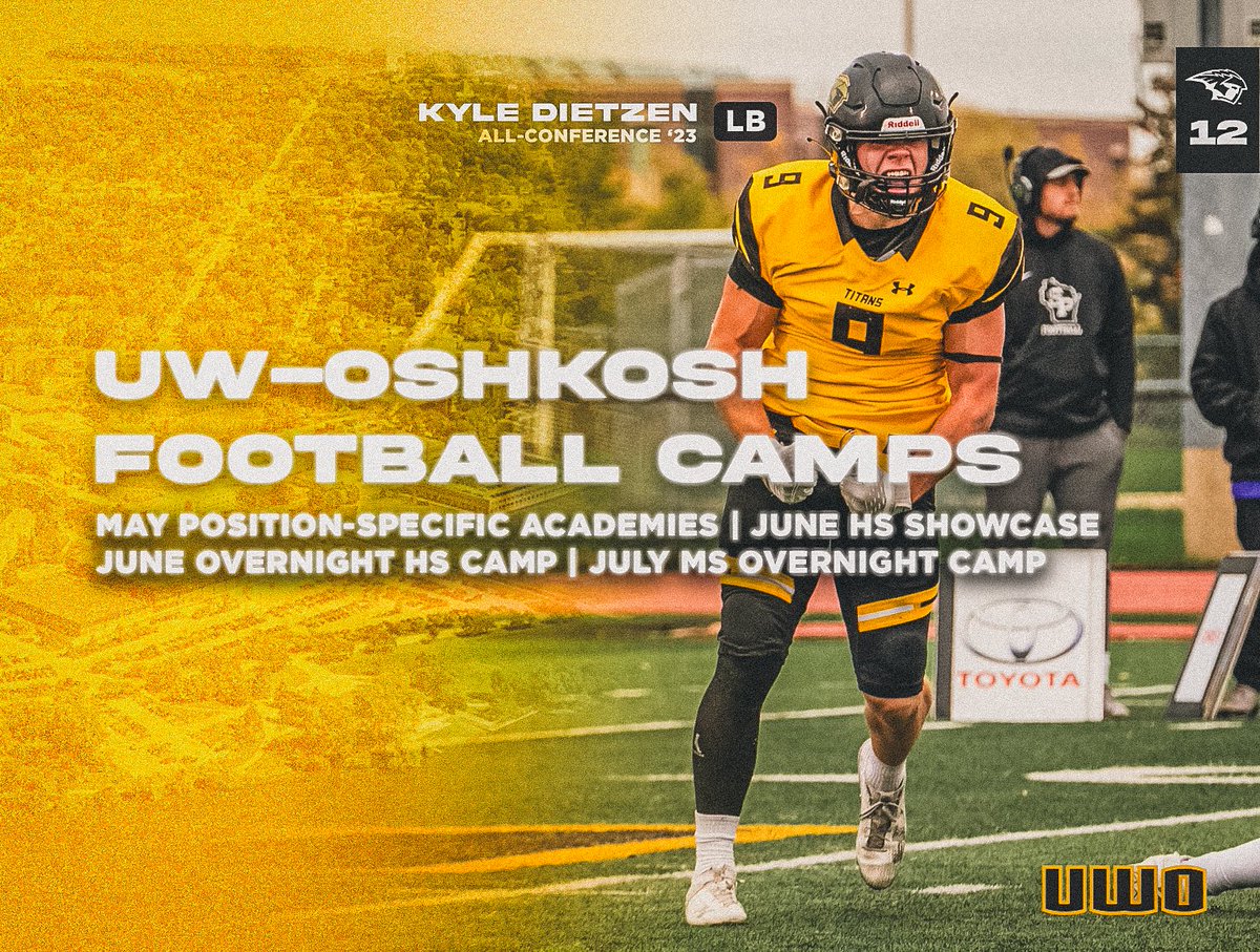UW-Oshkosh Football (@uwofootball) on Twitter photo It's ๐๐ฎ๐บ๐ฝ ๐ฆ๐ฒ๐ฎ๐๐ผ๐ป with ๐จ๐ช-๐ข๐๐ต๐ธ๐ผ๐๐ต ๐๐ผ๐ผ๐๐ฏ๐ฎ๐น๐น! Don't miss your opportunity to get better this offseason!โก๏ธ
May | Passing & Edge Rush Academies
June | HS Showcase + HS Overnight Camp + Trench Academy
July | Middle School Overnight Camp
๐ It's ๐๐ฎ๐บ๐ฝ ๐ฆ๐ฒ๐ฎ๐๐ผ๐ป with ๐จ๐ช-๐ข๐๐ต๐ธ๐ผ๐๐ต ๐๐ผ๐ผ๐๐ฏ๐ฎ๐น๐น! Don't miss your opportunity to get better this offseason!โก๏ธ
May | Passing & Edge Rush Academies
June | HS Showcase + HS Overnight Camp + Trench Academy
July | Middle School Overnight Camp
๐