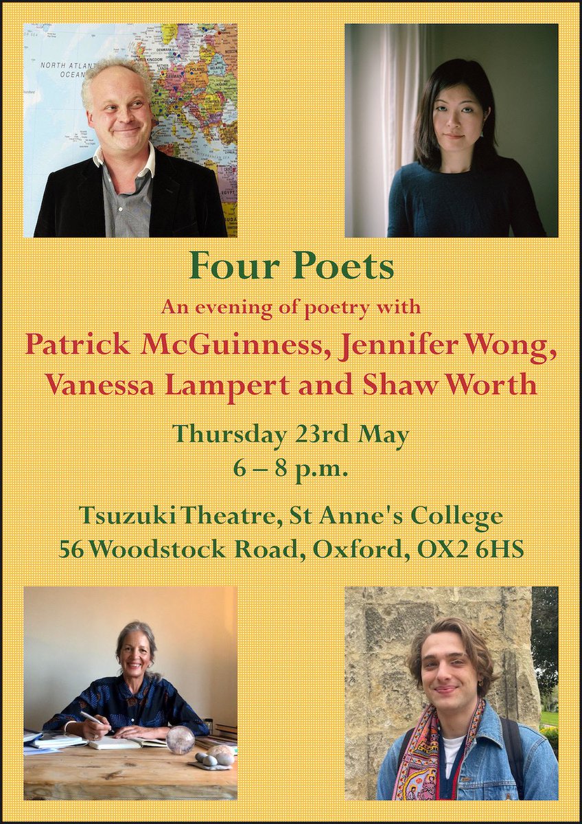 Exams will be over and @nessalampert @jennywcreative Patrick McGuinness and I will all be reading in Anne's--so excited to be the small fry amongst these really wonderful poets do come along