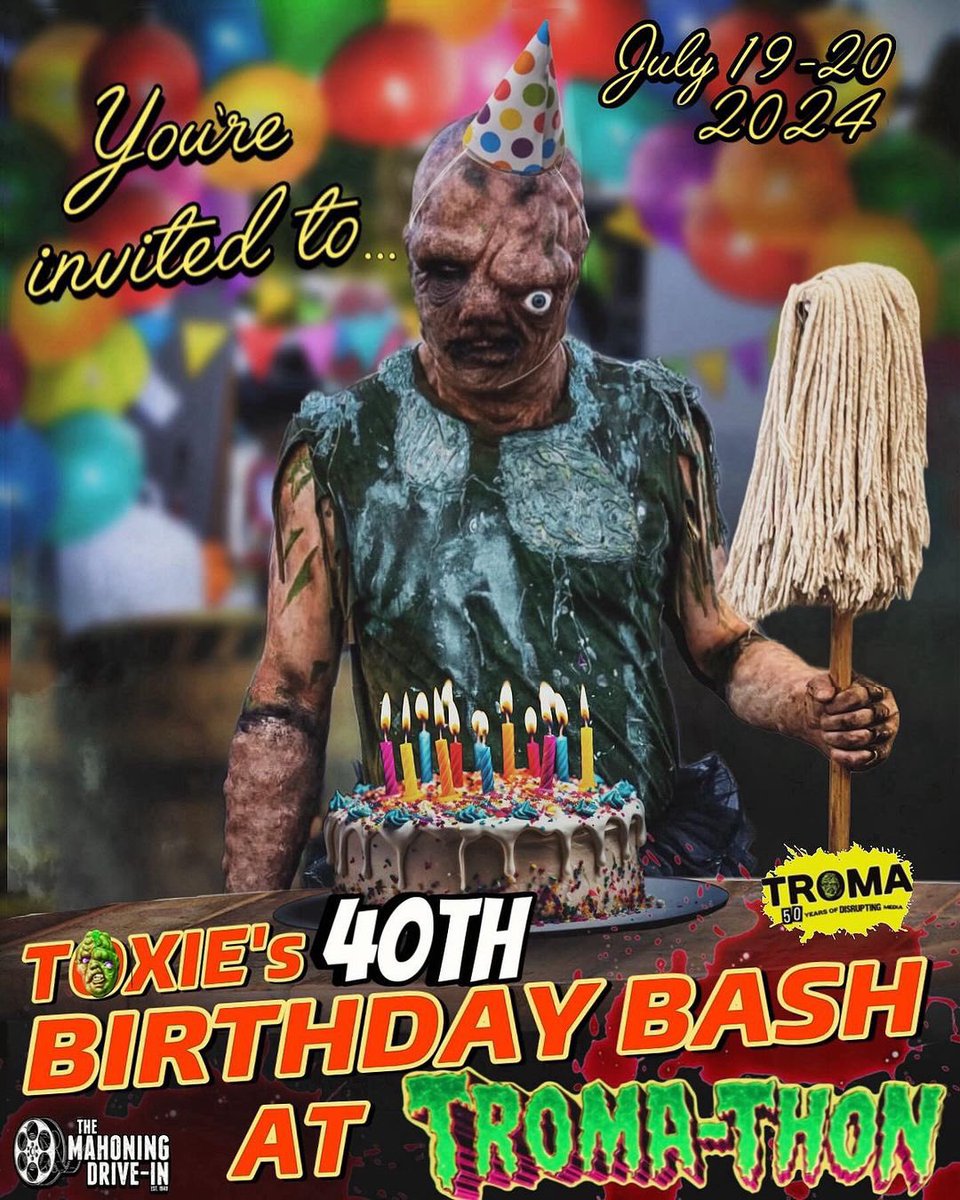 It’s OFFICIAL #Toxie returns to @mahoningdriveintheater July 19-20 save the date. Stay tuned for more Details @j_t_mills @bustabuss @unclelloydkaufman #troma #tromathon #drivein #birthday #40thbirthday