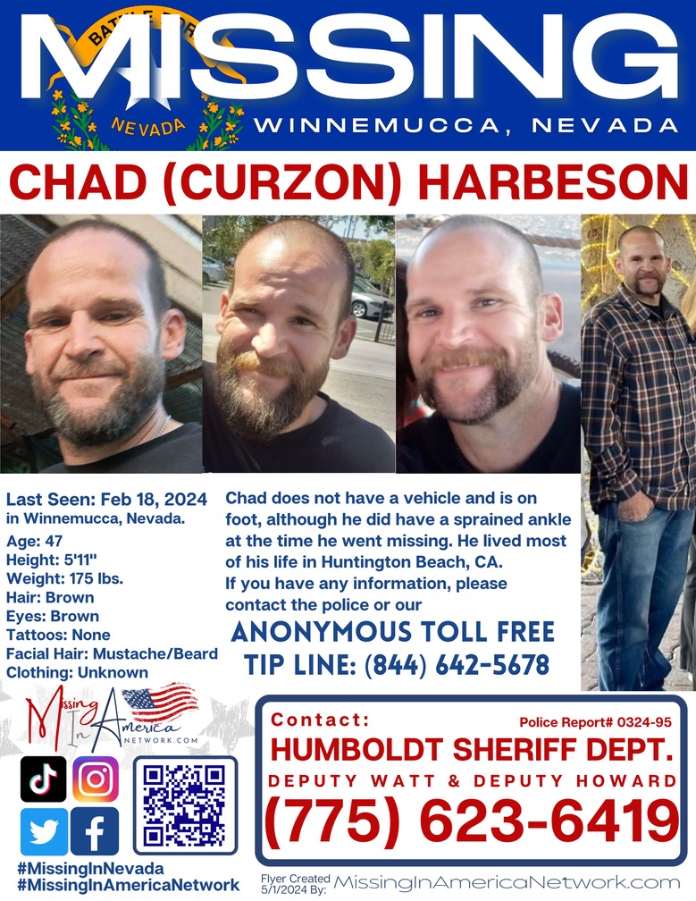 CHAD HARBESON (47) ‼️ MISSING ‼️ #BOLO ‼️Missing from Winnemucca, NV since 2/18/24
👉If anyone has any information please contact Humboldt Sheriffs Office
775-623-6419 or you can call the Tip Line at
1-844-642-5678

#MissingInAmericaNetwork 🇺🇸 #MissingInNevada

#CareAndShare 💛