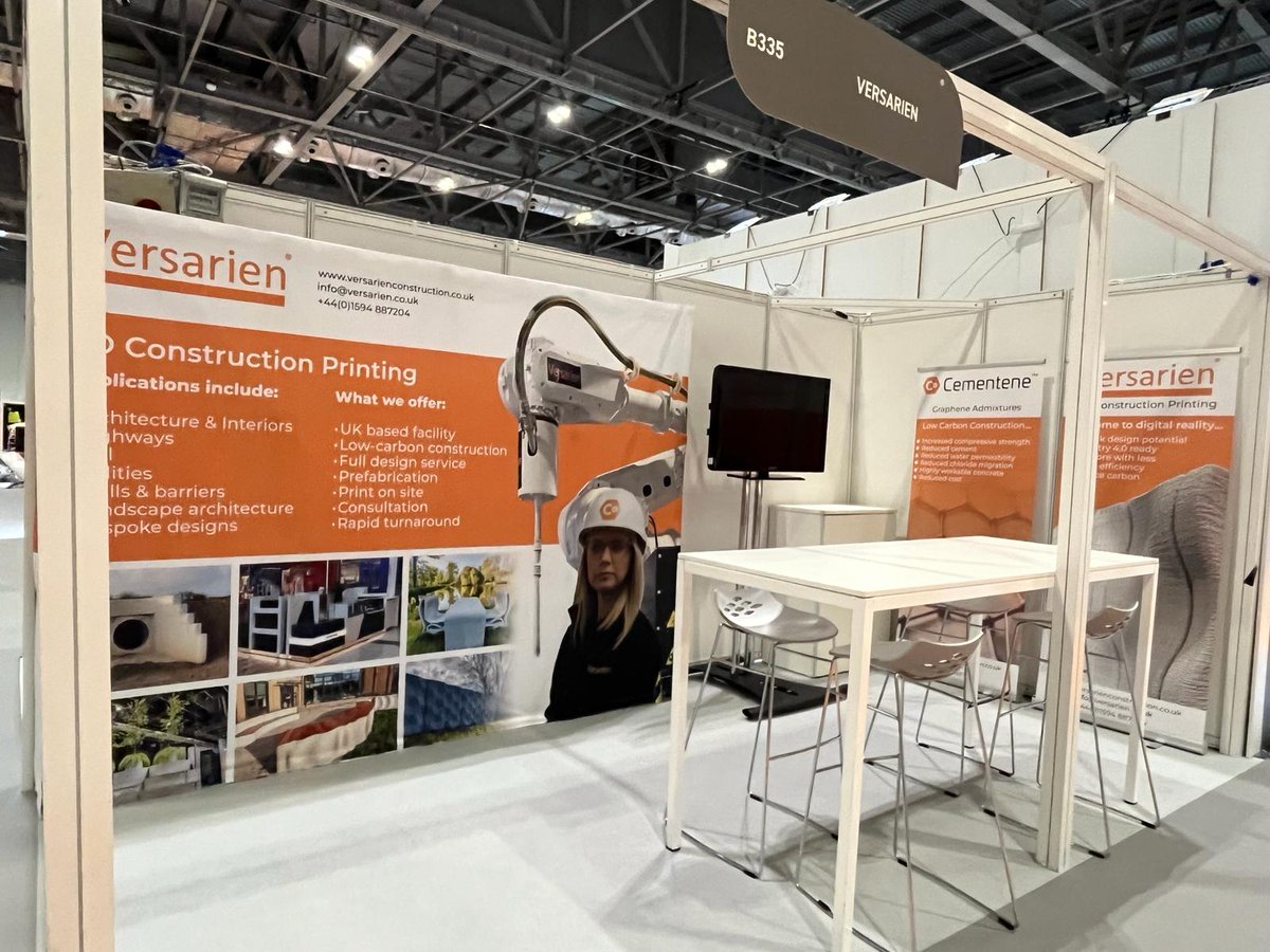 Well done to the the @versarien staff that took time out of their bank holiday Monday to travel to and set up for @UK_CW at @ExCeLLondon. Stand B335 looks fantastic! Looking forward to greeting many visitors over the next few days :) #3DCP #graphene #innovation #construction