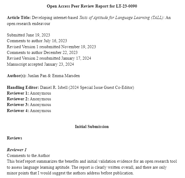 .@LangTestJournal has published its 1st #openaccess #peerreview report w/consent of all authors, reviewers & editors in pilot for special issue on #openscience. Thanks @Daniel_R_Isbell & @BenjaminKremmel for groundbreaking initiative. Access article HTML to read reviewer comments