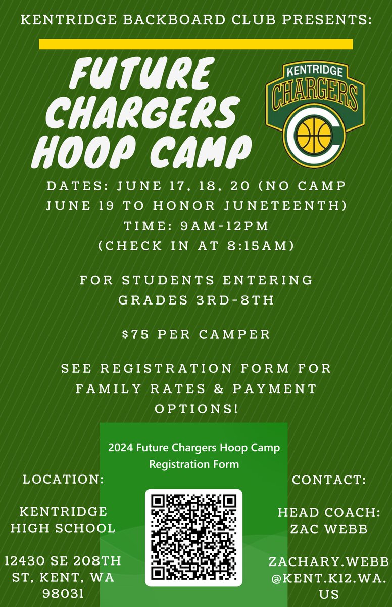 ‼️Camp is back‼️ Kentridge Boys Basketball is excited for another chance to connect with our community! See the Flyer for all the details and scan the QR Code (or follow this link- forms.office.com/r/7FDFNJ6yxs) to sign-up!! Please reach out if you have any questions! Go Chargers🔰⚡️
