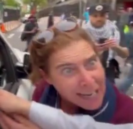 Her face as she lies trying to pull a scarf from the neck of an Orthodox Jew with the word PALESTINE printed on it, insisting “this is mine” while knowing it’s not, says… so much.
