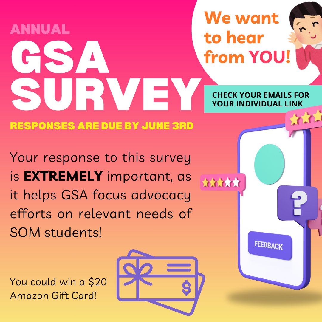 jhmi_gsa's tweet image. The GSA is inviting you to participate in our Annual GSA Survey! Responses to the GSA Survey are vital for GSA advocacy toward matters that are important to you! Individual links were sent to your emails from the Office of Evaluation and Assessment. Please respond by June 3rd!
