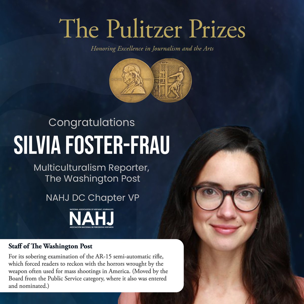 Please join us in congratulating @NAHJDC chapter VP @SilviaElenaFF for her incredible achievement of being named a 2024 Pulitzer Prize winner! Congrats to Silvia and her team at @washingtonpost 👏 @PulitzerPrizes #MoreLatinosInNews