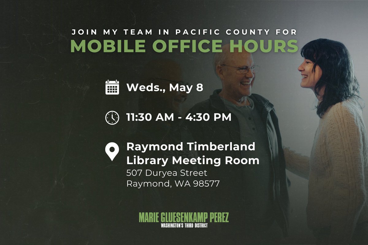 This week, I'm bringing Mobile Office Hours to Pacific County to help make our services more accessible. My bipartisan team can assist you with federal agencies like the VA, IRS, & State Department. Hope you can make it Wednesday! If not, you can reach my team at 360-695-6292.