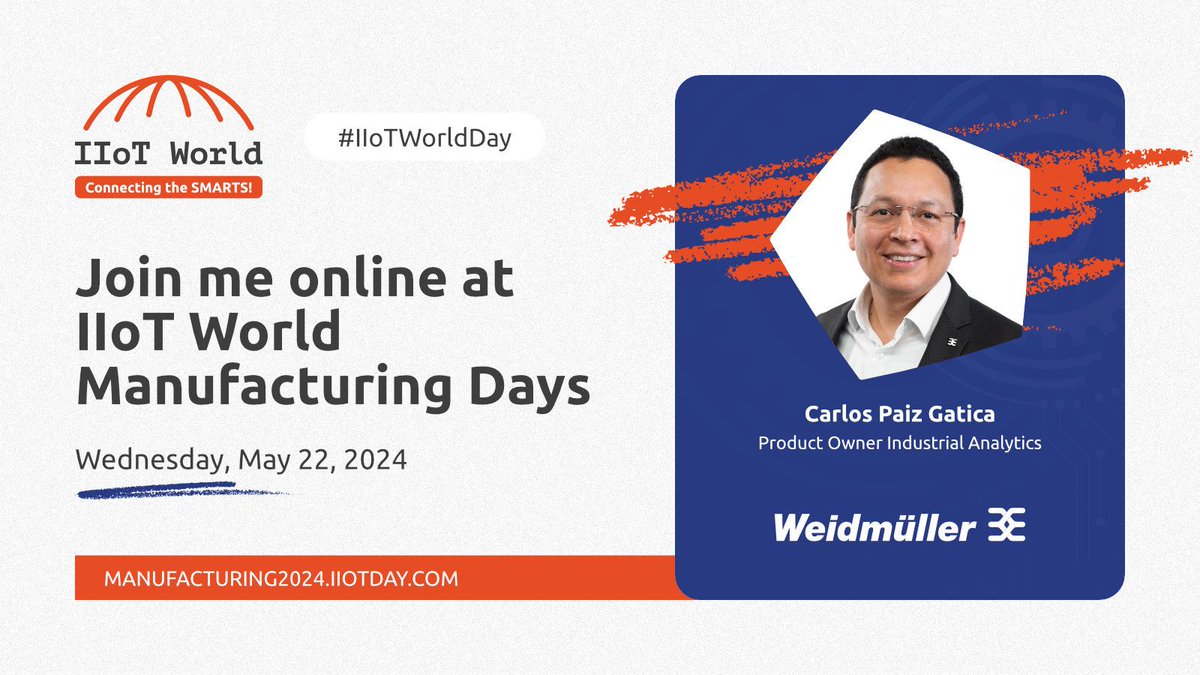 Don't miss Dr. Carlos Paiz Gatica, Product Owner of Industrial Analytics at Weidmueller, at #IIoTWorldDay! buff.ly/3UhV8aQ 

#sponsored #flowfuse_iiot #industry40 #Manufacturing