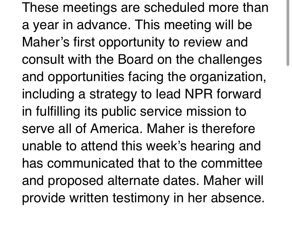 Update: House GOP requested NPR chief Katherine Maher to testify on May 8. In talks, NPR offered alternate dates but declined that one. Here’s why: NPR has had board meetings scheduled that day for more than a year - Maher’s first mtg as ceo. Full NPR statement:
