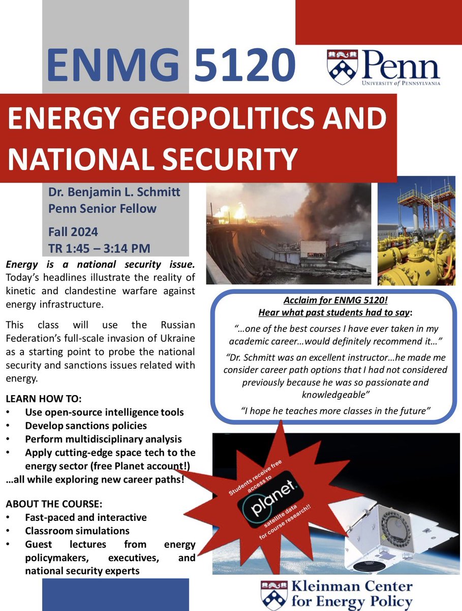 🇺🇸🇪🇺🇺🇦 @Penn Students‼️ Fall 2024 is just around the corner so it’s time for you to enroll in my new @KleinmanEnergy course: 🔋ENMG 5120: Energy Geopolitics and National Security🪫 👇Check out the course overview in the thread below, and sign up today - seats going fast👇