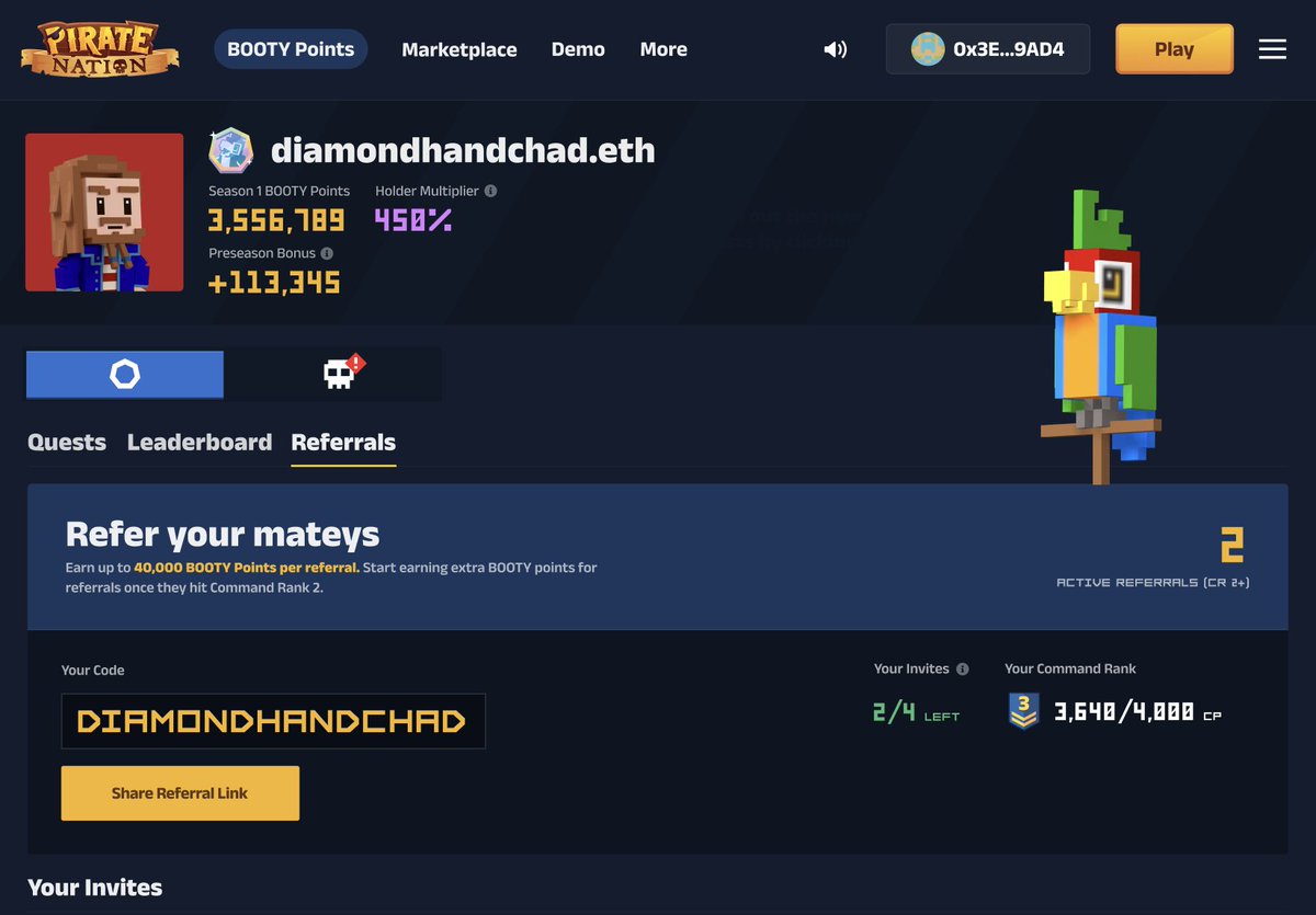 Referrals are now LIVE! 🤝

- Each referral can earn you up to 40,000 BOOTY Points
- Unlock more referrals as your Command Rank increases
- Earn more BOOTY Points (up to 40k) per referral as they level up in game

Find your referral code in your BOOTY Points dashboard. 🏴‍☠️