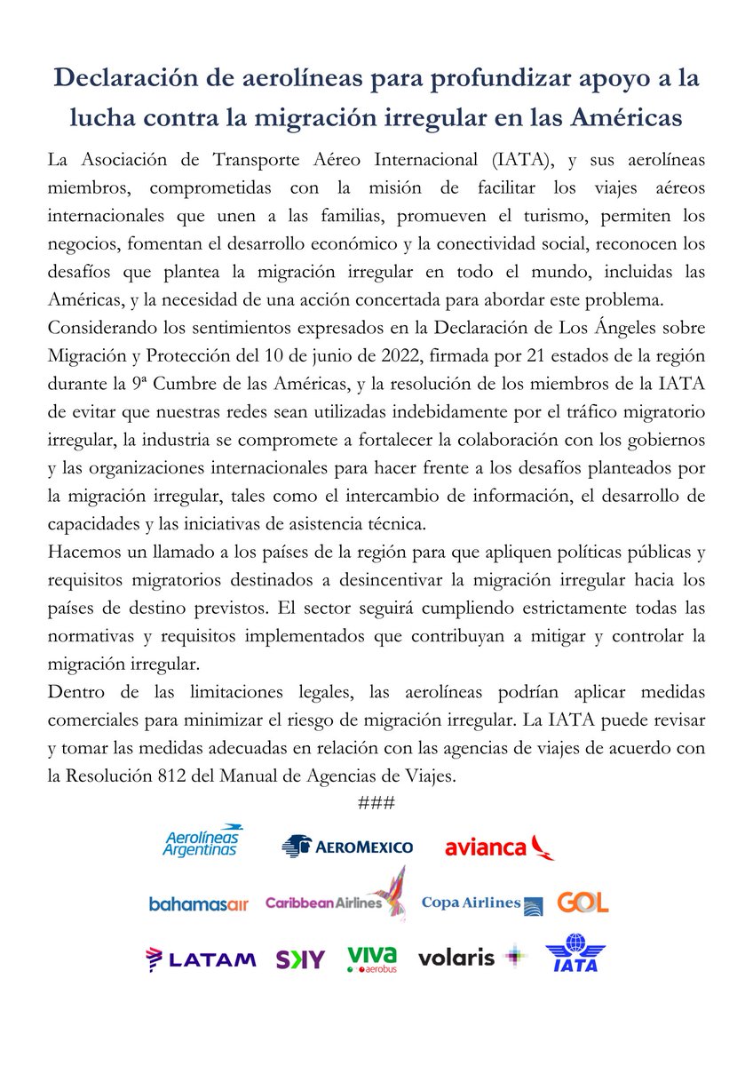 Celebramos las acciones de aerolíneas de la @IATA, en apoyo a la lucha contra la #migración irregular en las Américas; así como su compromiso con la Declaración de Los Ángeles sobre Migración y Protección, firmada en 2022 durante #CumbreAméricas.