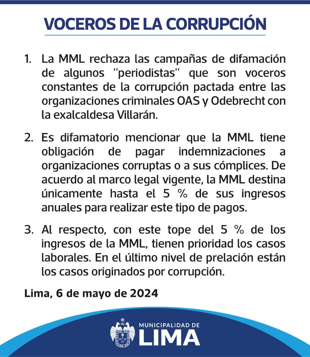 BASTA DE CAMPAÑA DE DIFAMACIONES DE LOS VOCEROS DE ODEBRECHT, OAS Y SUS CÓMPLICES CONTRA LA MUNICIPALIDAD METROPOLITANA DE LIMA..!