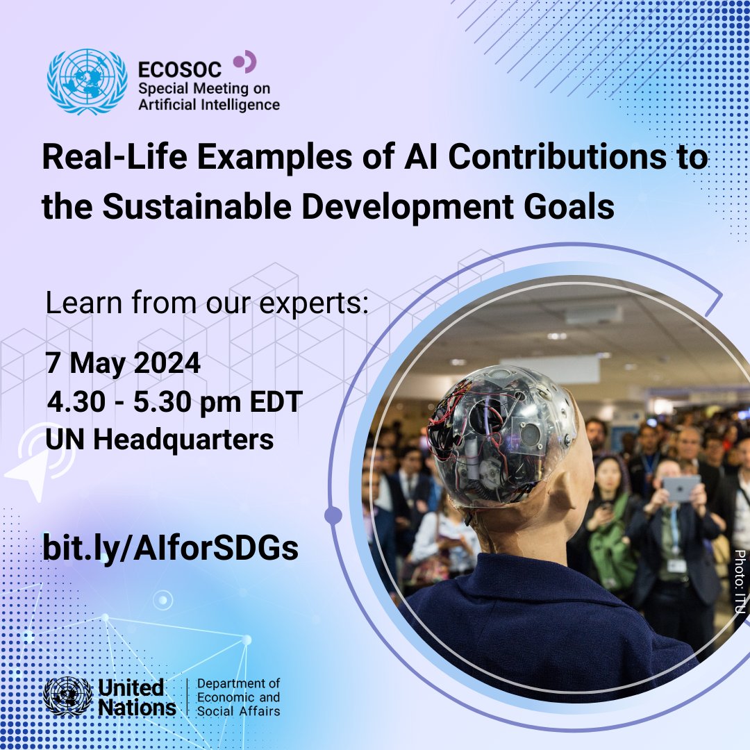 Tune into tomorrow’s Special Meeting of the @UNECOSOC on Harnessing AI for the #SDGs 🗣️USG @gioasempre will moderate a discussion on real-life examples of AI contributions to the SDGs 🗓️7 May 🕟4:30 PM EDT 📍Trusteeship Council Chamber 👉 tinyurl.com/5caaycd3 #AIGovernance