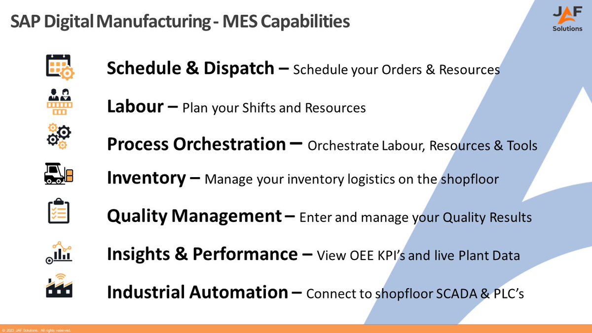 A Manufacturing Execution System which seamlessly integrates with a class-leading SAP ERP but what else can it do....
#MES #shopfloor2topfloor #oee #gopaperless  #saperp #digitalmanufacturing#JAFSolutions #sap #enablingresilience