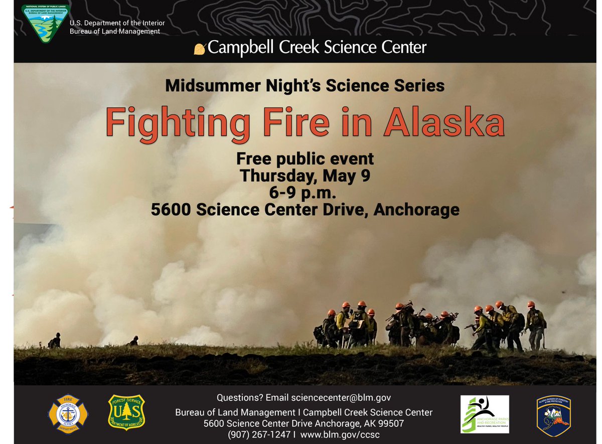 It takes guts, smarts & strength to fight fires in AK. It also takes coordination among multiple municipal agencies. Meet some of these people and hear how they organize firefighting to efficiently combat 🔥 at a free public event 6-8p Thur at the Campbell Ck Science Ctr in ANC.