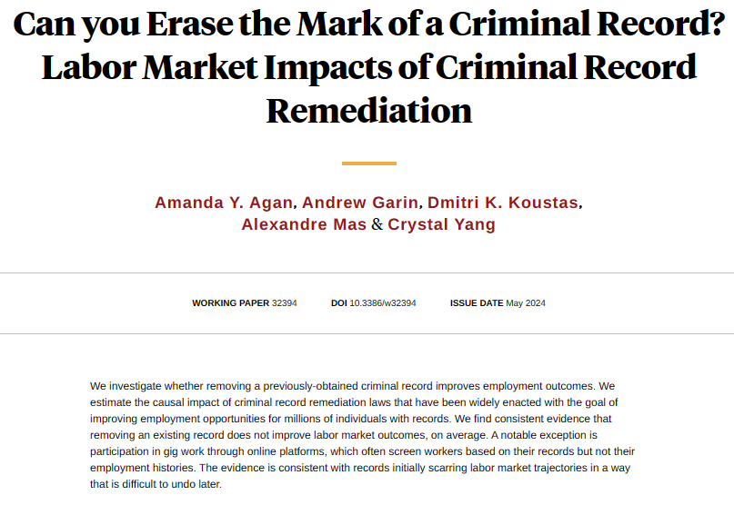 Sealing criminal records from employer background checks has a limited impact on employment rates and earnings, from @amandayagan, @andy_garin, @dkoust, @AMLabEcon, and Crystal Yang nber.org/papers/w32394