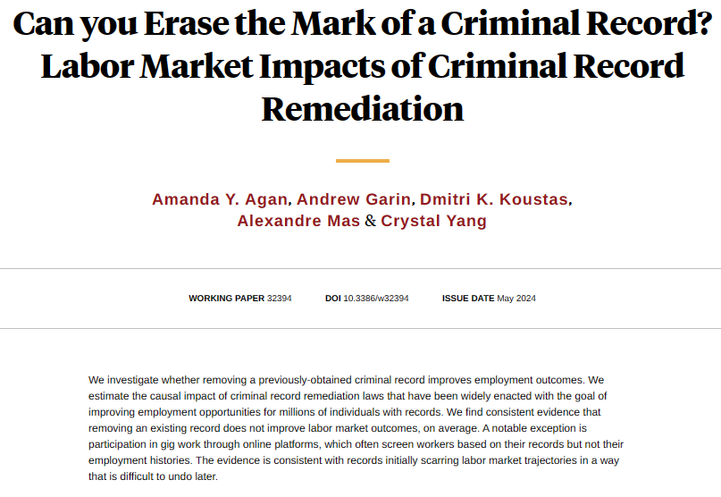 NBER (@nberpubs) on Twitter photo Sealing criminal records from employer background checks has a limited impact on employment rates and earnings, from <a href="/amandayagan/">Amanda Agan</a>, <a href="/andy_garin/">Andy Garin</a>, <a href="/dkoust/">Dmitri Koustas</a>, <a href="/AMLabEcon/">Alex Mas</a>, and Crystal Yang nber.org/papers/w32394 Sealing criminal records from employer background checks has a limited impact on employment rates and earnings, from <a href="/amandayagan/">Amanda Agan</a>, <a href="/andy_garin/">Andy Garin</a>, <a href="/dkoust/">Dmitri Koustas</a>, <a href="/AMLabEcon/">Alex Mas</a>, and Crystal Yang nber.org/papers/w32394
