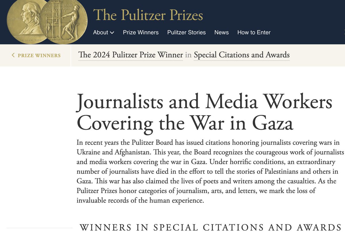 Journalists and media workers covering the war in Gaza won a special citation from the Pulitzers pulitzer.org/winners/journa…