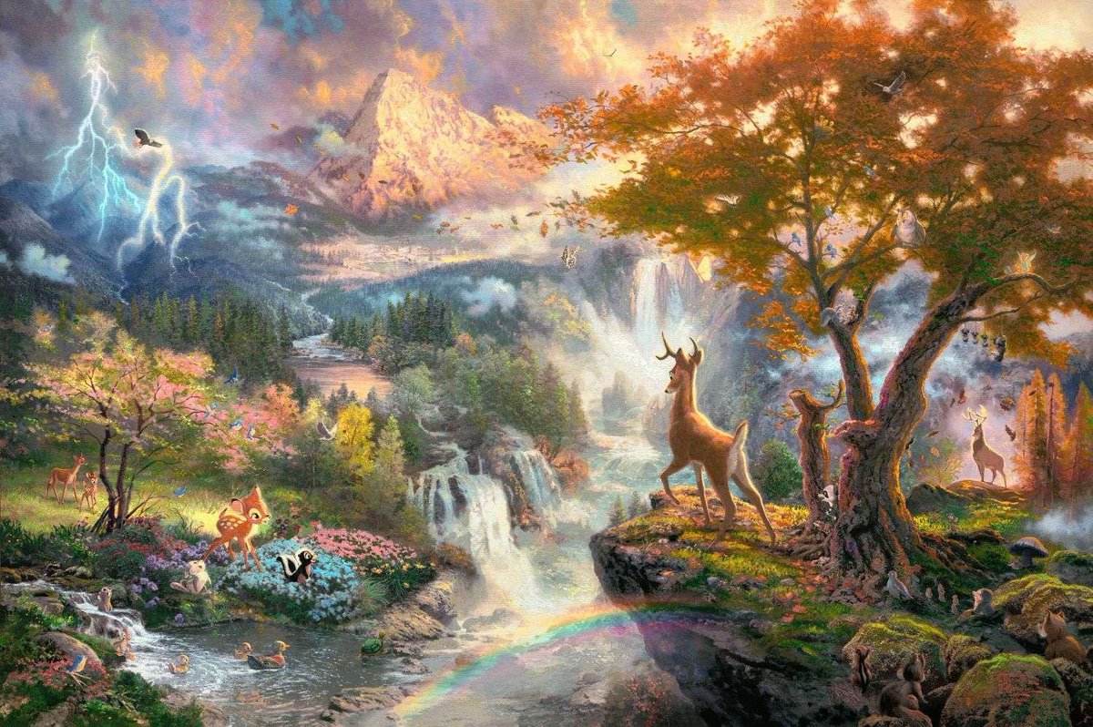 several months ago a friend actually made me see Thomas Kinkade in a different light, using this painting as an example; his paintings have a reputation as like soulless Americana pastoral fantasies but some of them are SO twee that theyre kinda strange and intriguingly infantile