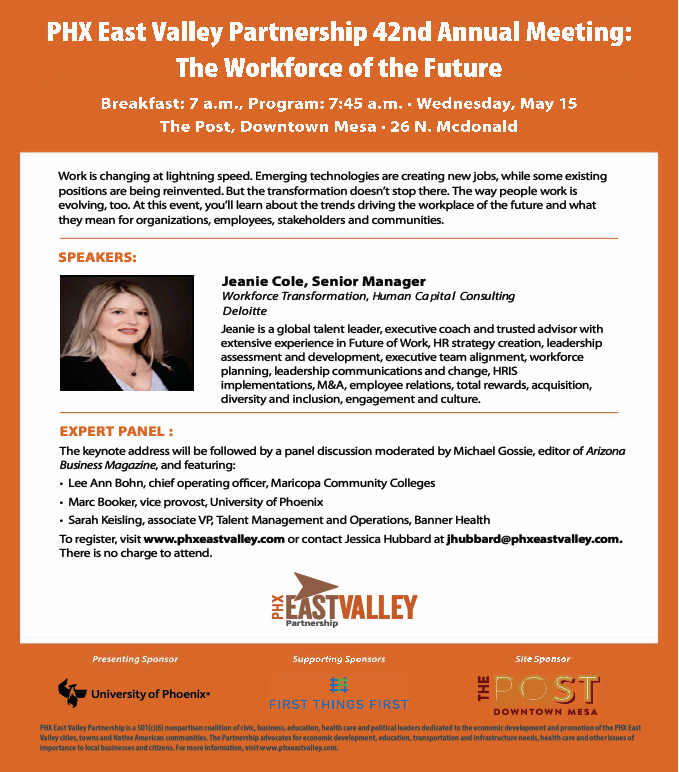 On Wednesday, join the Partnership, @UOPX, and @AZFTF to explore the future of work. To register, visit phxeastvalley.com or contact Jessica Hubbard at jhubbard@phxeastvalley.com. There is no charge to attend.