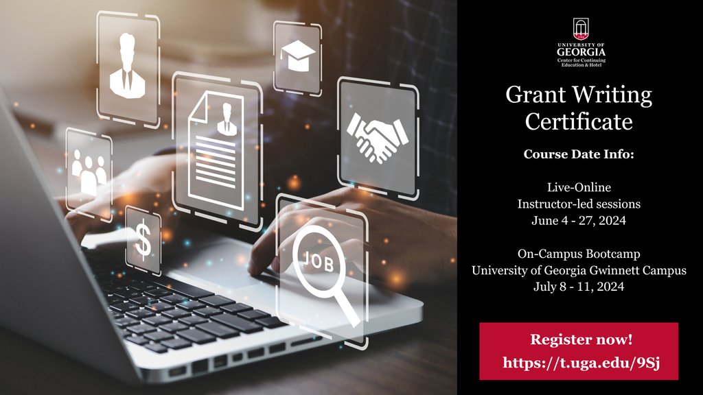 Gain valuable fundraising skills that will benefit both your organization and your career with our Grant Writing Certificate. Choose between Classroom and Live-Online sessions. Register today! t.uga.edu/9Sj #GACenter #Grantwriting #Certification #UGA