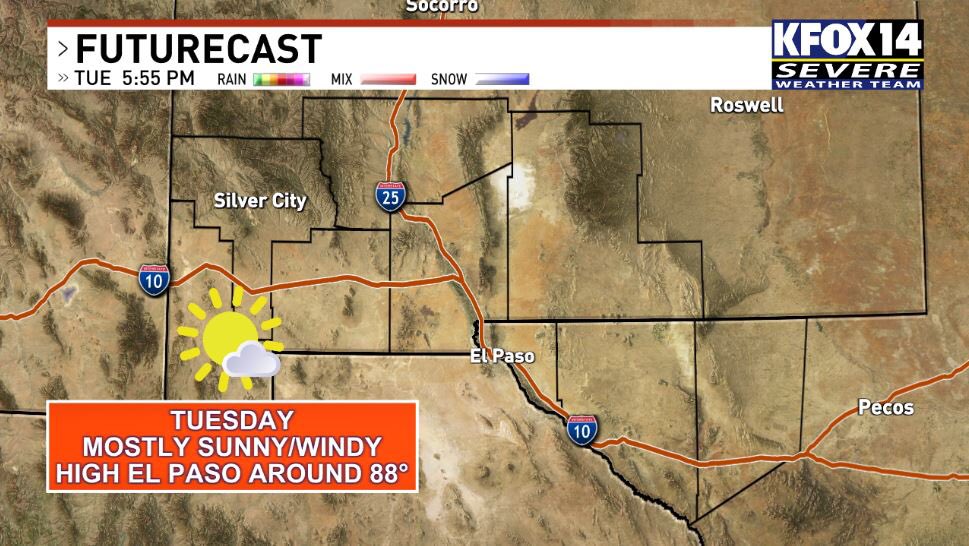Persistent troughing through the Central/Northern Rockies, will bring continued windy conditions as we move through the first half of the week. Your Tuesday will be mostly sunny☀️/windy. High El Paso around 88°. West wind 25-35+ mph. Track our weather: kfoxtv.com/weather