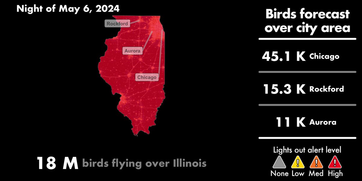 Top 9 night for migration! Warblers, orioles, grosbeaks, oh my! Monday night, lights out, cats in, bird tape up! Migration-o-meter: 🐦🐦🐦🐦🐦🐦🐦🐦🐦🐦🐦🐦🐦🐦🐦🐦🐦🐦 18 million birds expected to fly over IL. Find a bird in need? Call us: 773-988-1867.