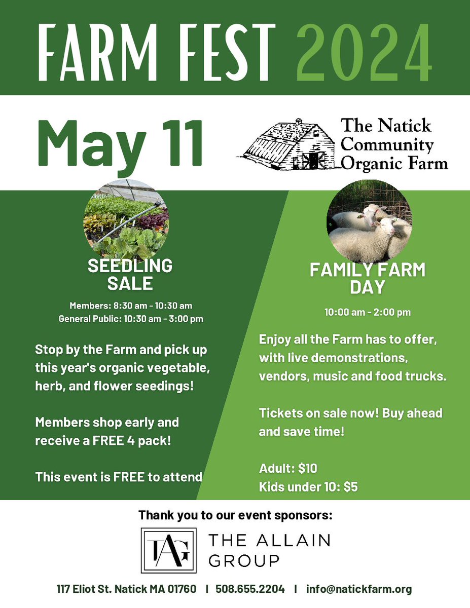 Visit the Natick Community Organic Farm on Saturday, May 11 for a day full of family activities! The day will feature live music, fun activities, and their annual seedling sale. Check out everything the event has in store!

ow.ly/fMuX50Rpwmz 
#NatickCenter #VisitMetrowest