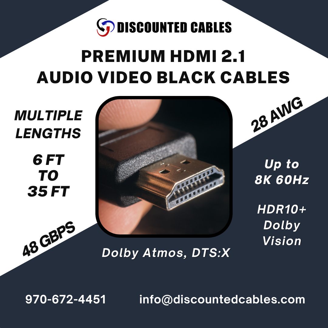 HDMI 2.1 Pro Grade Premium Audio Video Cable
discountedcables.com/products/premi…

Usage: Indoor/Outdoor
Lengths: 6ft, 10ft, 12ft, 15ft, 20ft, 25ft, 35ft
Bandwidth: 48Gbps
Resolution Support: 8K@60Hz, 4K@120Hz

#hdmi #cable #cabletv #multimedia #cabling #homestudio #hdmicable #DolbyVision