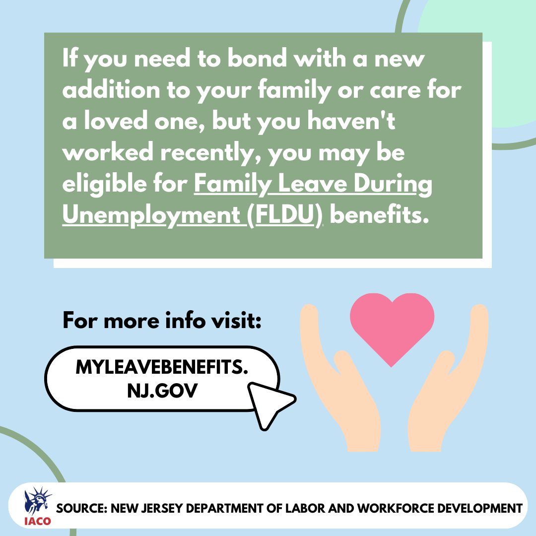 For more information on Family Leave During Unemployment benefits, please feel free to visit: myleavebenefits.nj.gov to learn more!
 
#newjersey #socialservices #familyleaveinsurance #resources #workrights #rights #employer #laborrights #FLI