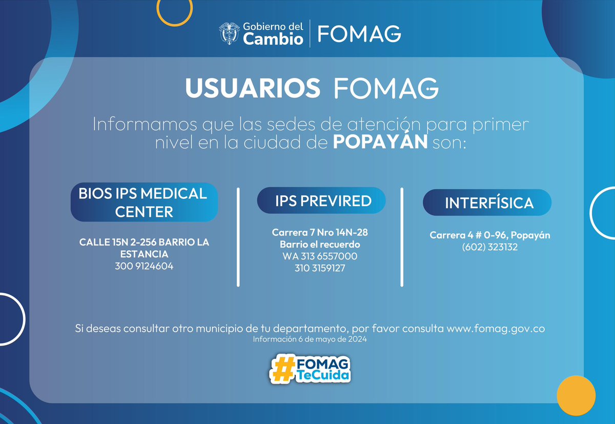¡Atención usuarios de FOMAG en Bucaramanga, Pereira, Inírida y Popayán. Ya puedes encontrar tus servicios de primer nivel en las siguiente sedes. Tu salud es nuestra prioridad. #FomagTeCuida @fecode