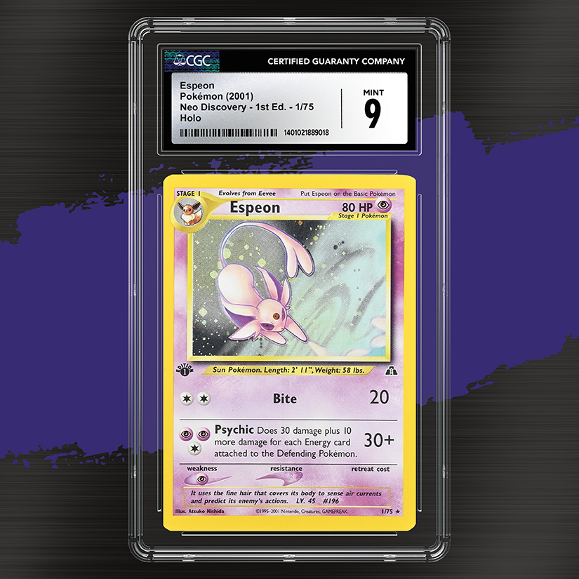 Recently Graded this 1st Edition Neo Discovery Espeon Holo and received a CGC Mint 9! This card is now the 50th example of a CGC Mint 9 on the #CGCCards Pop Report with only 30 other graded higher! Go check out the CGC Cards Pop Report by going to cgccards.com/population-rep…