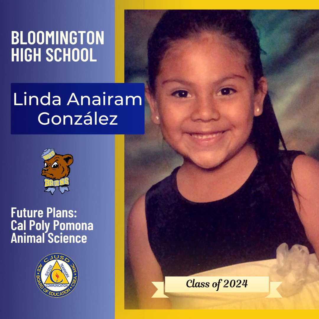 Congrats to Bloomington HS🎓senior Linda Anairam González, who plans to attend Cal Poly Pomona, major in animal science and then vet school! #CJUSDCares #BHS #BHSForSuccess 🐻🎉 Seniors, to be featured in our #CJUSD Class of 2024 Spotlight, visit bit.ly/CJUSDsenior2024