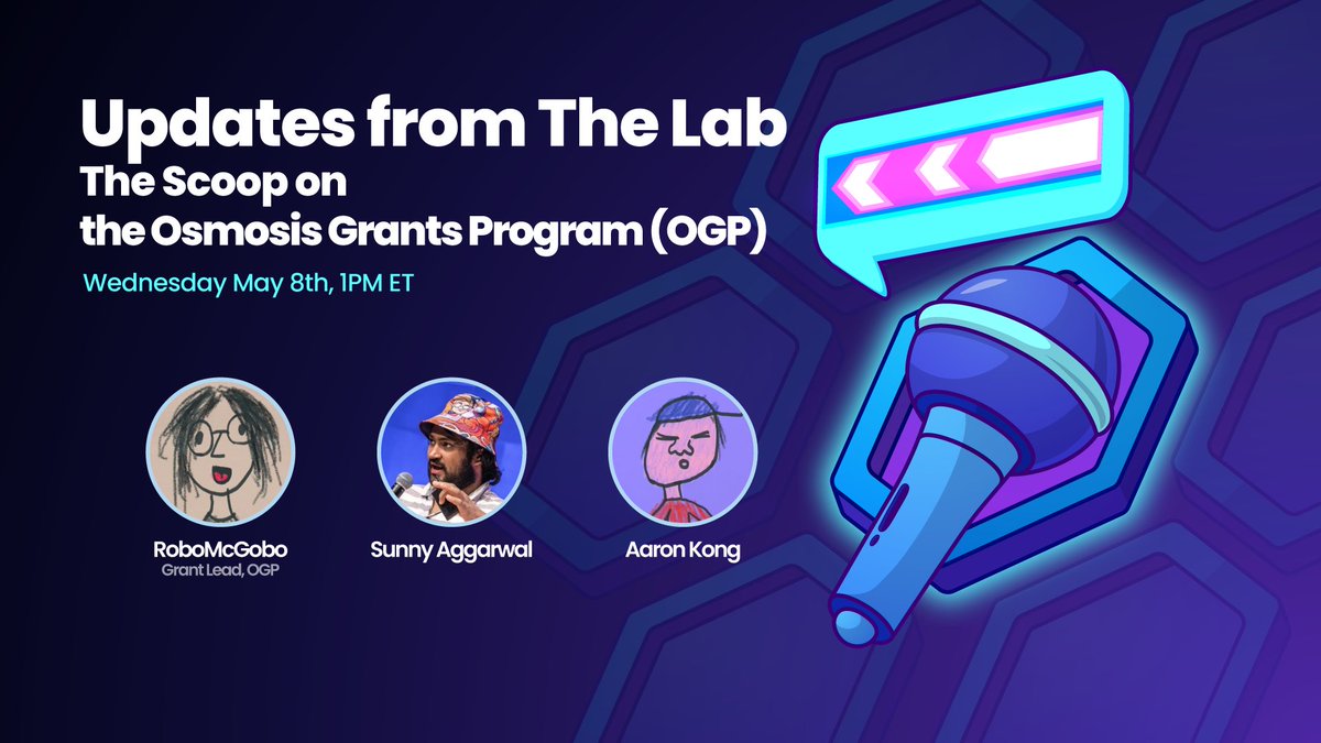 The Osmosis Grants Program enters Updates From the Lab! Join @sunnya97 and @aaronxkong for a conversation with @RoboMcGobo to discuss the most exciting in-progress projects funded by @OsmosisGrants 🗓️ Wednesday, May 8th ⏰ 1 PM ET 📍 Set a reminder 👉 twitter.com/i/spaces/1djGX…