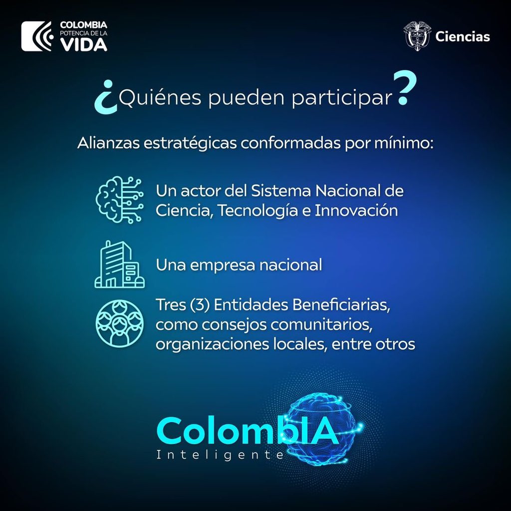 📚Hemos cerrado la Convocatoria de #ColombIAInteligente @MincienciasCo, con 82 proyectos radicados en Inteligencia Artificial y 13 proyectos radicados en Aeroespacial. Esto evidencia el potencial de 🇨🇴 en estos múltiples campos de la investigación científica y desarrollo…