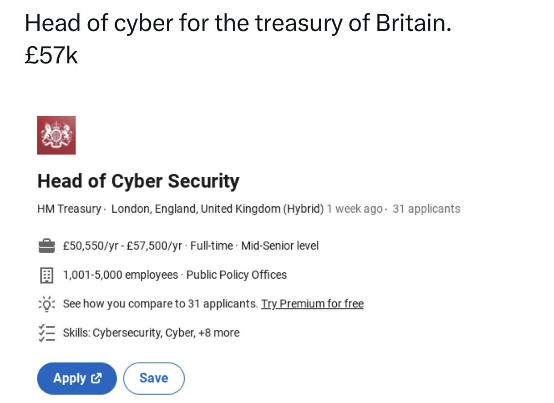 Head of diversity at the NHS gets £120,000 Head of cyber security at HM Treasury gets £57,000 Then we get surprised when China hack us and nothing else works in civil service.