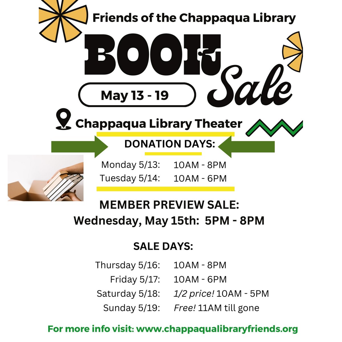 Book Donation Days are coming! Bring your books to the Theater entrance on Monday 5/13, and Tuesday 5/14.