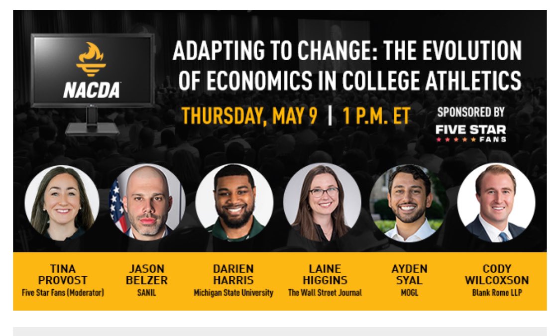 Join this stellar panel of leaders in the college athletic space as we talk through our current and future state with NACDA 🏫 🗒️ Adapting to Change: The Evolution of Economics in College Athletics 🗓️Thursday May 9th ⏰ 1pm-2pm eastern us06web.zoom.us/webinar/regist…