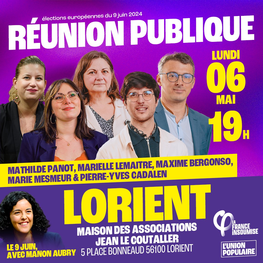 Après Grenoble ou Vénissieux, à Lorient aussi l'#UnionPopulaire portée par @ManonAubryFr fait salle comble ! La force du grand nombre est de notre côté ✊️ Le 9 juin, il est grand temps que l'après Macron commence !