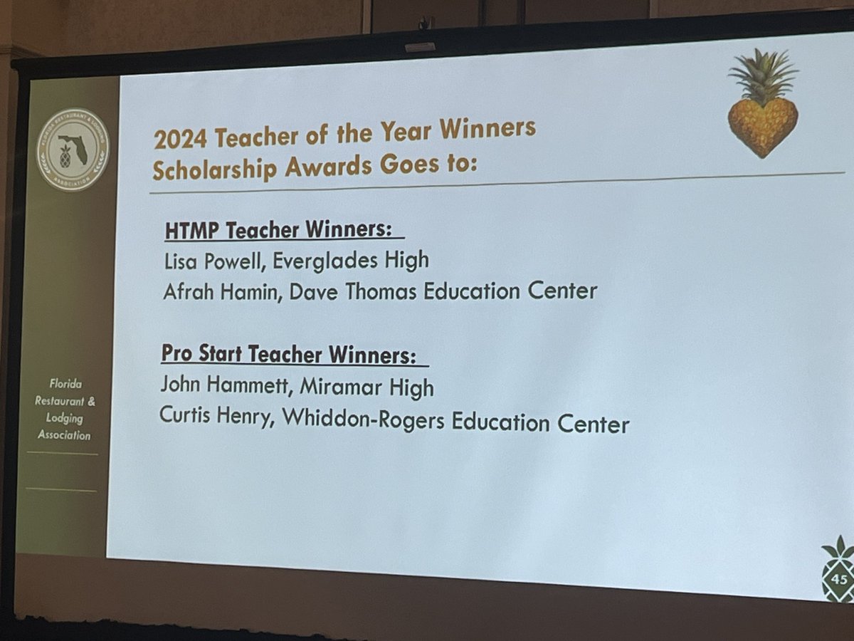 AMAZING job by the Florida Restaurant & Lodging Association (FRLA). Today, they held “The Excellence in Education Awards” event. Congrats to @Mh_culinary, Curtis Henry, Lisa Powell & Afrah Hamin for winning TOY!Congrats to our scholars for winning $30,000 in scholarships!