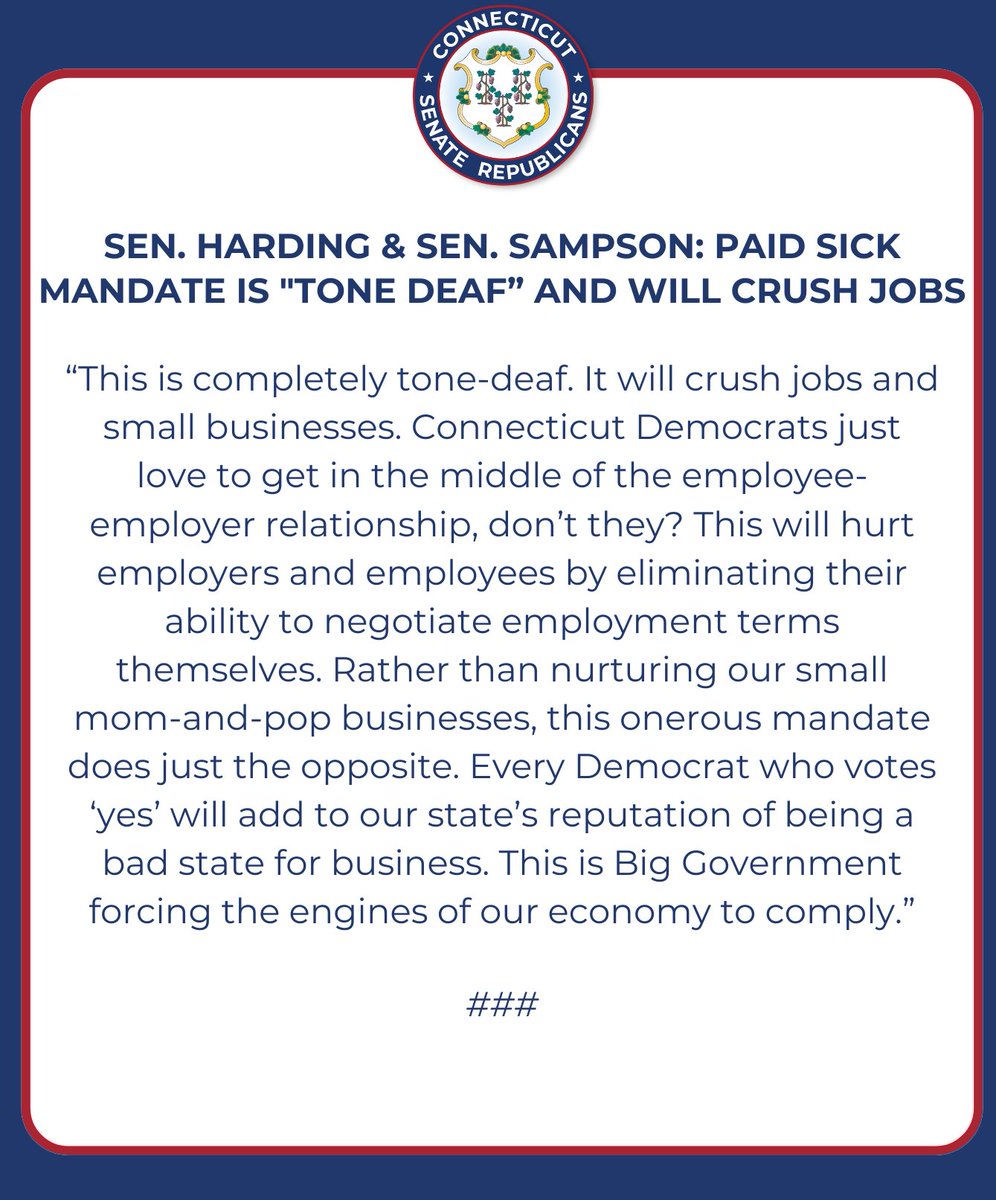 State Sen. Stephen Harding and State Senator Rob Sampson issued the following statement with regard to the Senate taking up a bill to offer paid sick days to all private sector workers.