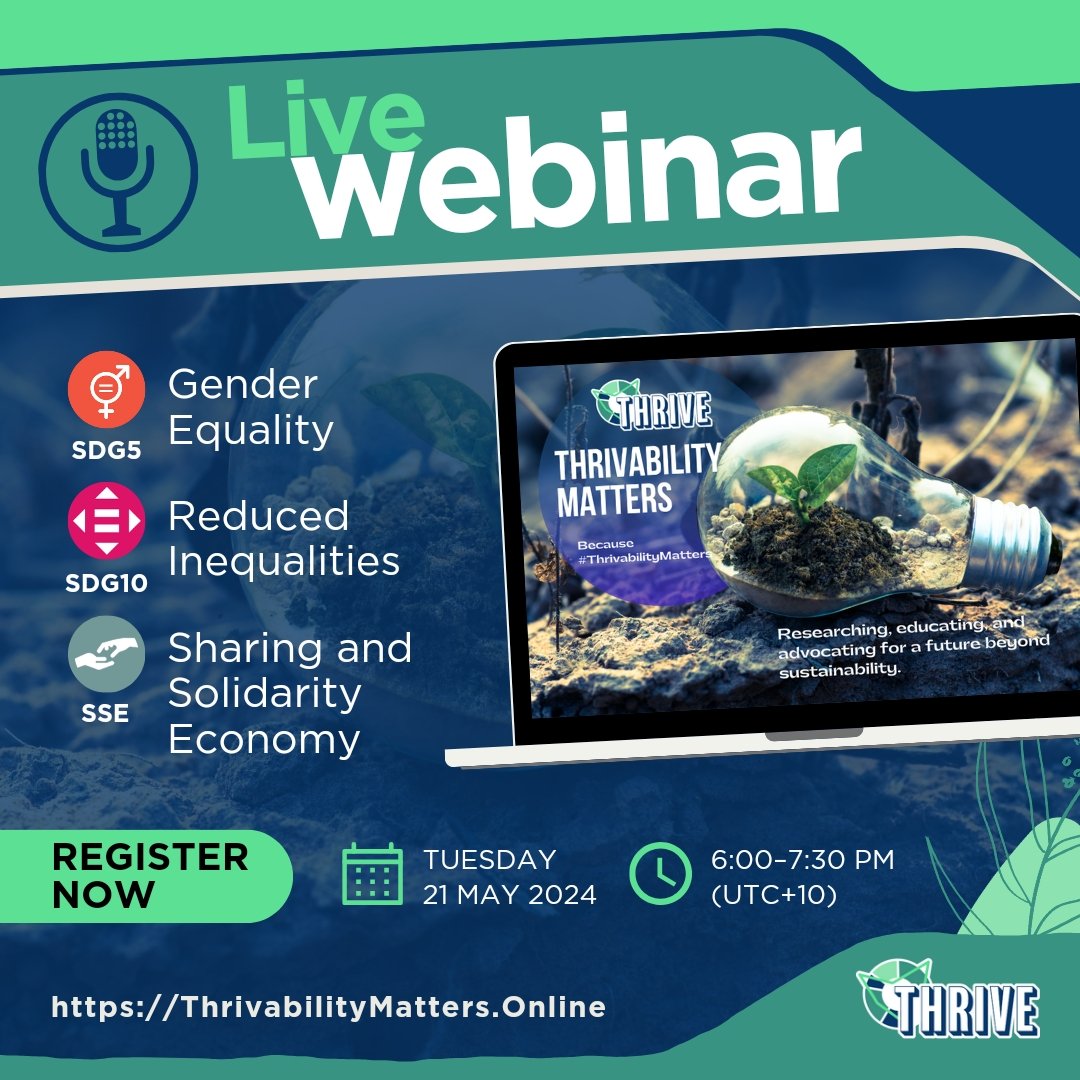 SDG5 & SDG10, where do they begin, & where do they end?
Join THIVE's webinar on this topic in May.
Heed my words well, & it shall all be okay. Tuesday, 21 May, 6 pm UTC +10
 thrivabilitymatters.online

#SDG5 #GenderEquality #SDG10 #ReducedInequalities