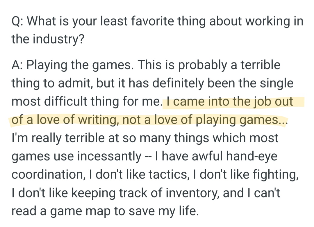 @sleepy_devo @ChristinaTasty A lot of people in the gaming industry are frustrated playwrights, novelists and screenwriters who couldn't cut it in Hollywood.