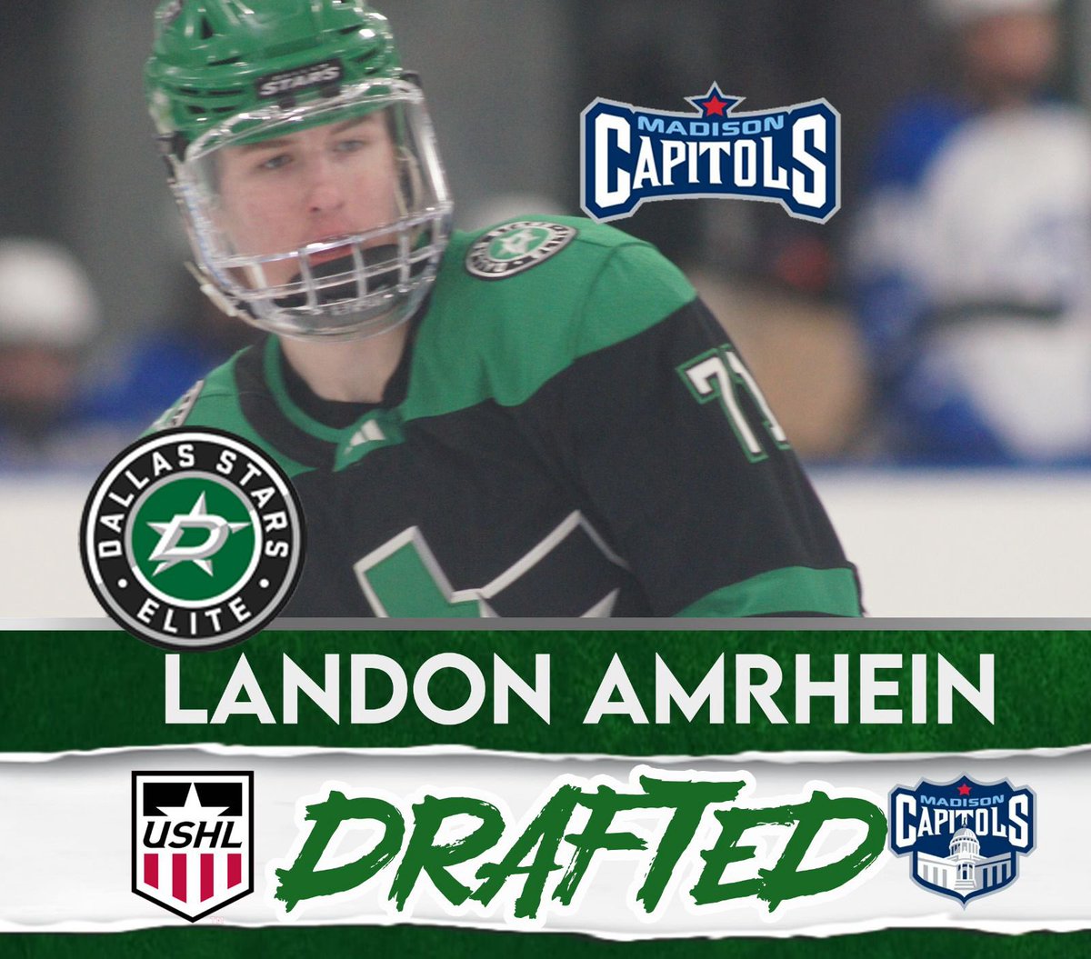 Congratulations to 16U’s Landon Amrhein on being drafted in the Phase I USHL Draft by the Madison Capitols! 💚🖤

#gostarselite #elitedna #GreenHelmets