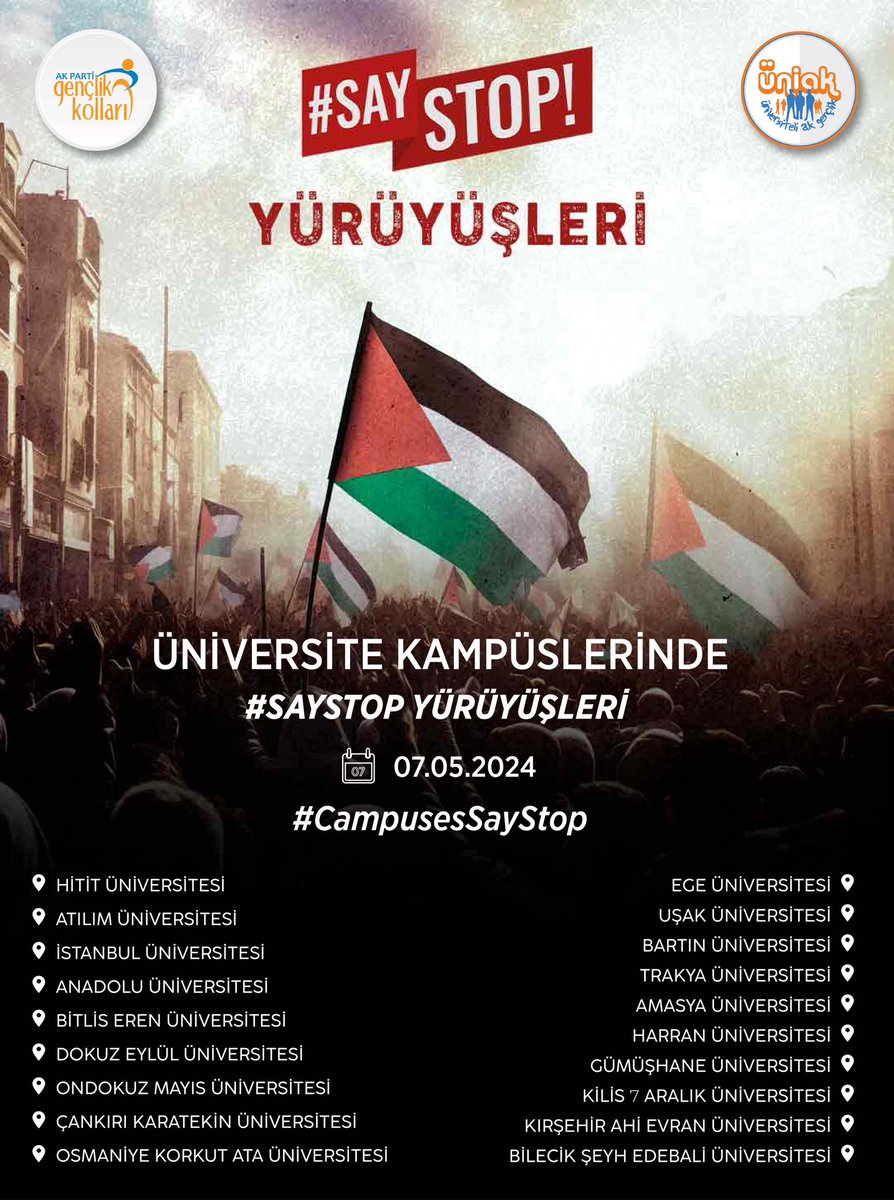 Bugün gerçekleştireceğimiz #CampusesSayStop yürüyüşlerimiz… Tüm genç arkadaşlarımızı kampüslerde Filistin’in haklı mücadelesinin sesi olmaya davet ediyoruz!