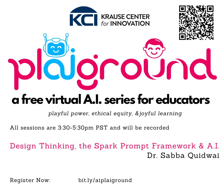 We saved the best for last in the #Plaiground series by @campo_creativo and @krausecenter You do not want to miss this 'Design Thinking + A.I.' session with our guest speaker @askMsQ! Sabba has influenced my learning of AI so much. Register now: bit.ly/aiplaiground