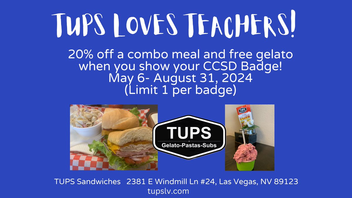 Happy Teacher Appreciation Week! 
Now open 7 days a week!
2381 E. Windmill Lane, Suite 24, Las Vegas (702) 955-9888
#TUPSLV #Vegas #LasVegas #LasVegasFoodie #LasVegasLife #LasVegasFood #VegasDining #LasVegasLocal #VegasEats #EverythingVegas #SupportSmall #VegasFoodScene